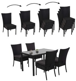 4x Stolička a stola HWC-G19, polyratan, 120x75cm - čierna, vankúše tmavosivá