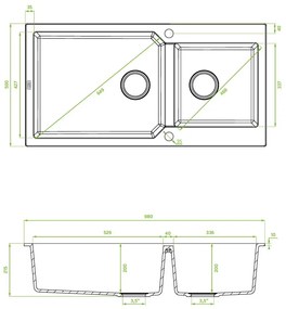 Kuchinox Milos, 2-komorový granitový drez 980x500x215 mm + sifón, čierna škvrnitá, LAV-SPM_7209