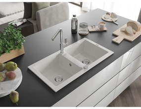 Mexen Mario, 2-komorový granitový drez 820x436x161 mm a drezová batéria Flora, biela, 6504-20-670401-00