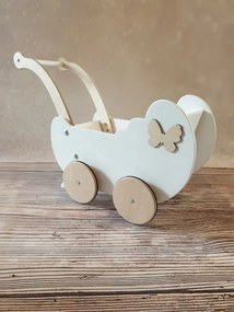 Drevený kočík pre bábiky s dekoráciou biela + drevo