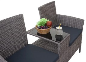 Záhradná lavica so stolíkom E24 - umelý ratan, 132cm - Sivá, sedáky tmavosvá