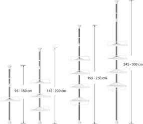 Nastaviteľná kúpeľňová rohová polica, teleskopická sprchová polica, 95-300 cm, biela