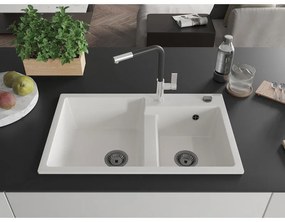Mexen Tomas, 2-komorový granitový drez 800x500x190 mm a drezová batéria Flora, biela, 6516-20-670401-07-B