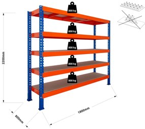 Trestles Nekonečný priemyselný regál 2200x1800x800, 5 políc Farba: oranžová a modrá