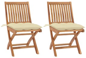 Záhradné stoličky 2 ks, krémovo biele podložky, tíkový masív 3062450