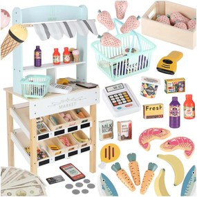 KIK Drevený stánok supermarket s pokladňou, košíkom a potravinami pre deti LULILO