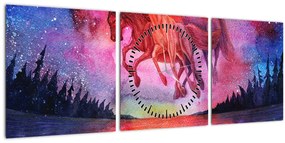 Obraz - Zjavenie vesmírnych koní nad jazerom, aquarel (s hodinami) (90x30 cm)