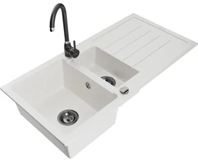 Mexen Andres, granitový drez 1000x500x200 mm, 1,5-komorový, biela s čiernym sifónom a čierna drezová batéria Telma, 6515-20-670200-70