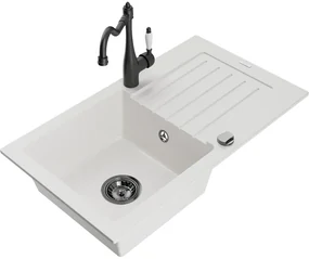 Mexen Pablo, granitový drez 752x436x161 mm, 1-komorový a drezová batéria Carla, biela, 6510-20-670700-70