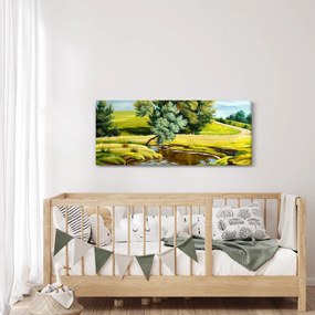 Obraz - Rieka medzi lúkami, olejomaľba (120x50 cm)