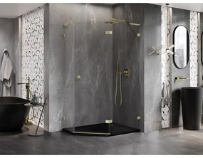 Mexen Lunar, L pravý výklopný päťuholníkový sprchový kút 90 x 80 cm, 8mm číre sklo, zlatý matný profil, 831L-090P-080L-55-00-P