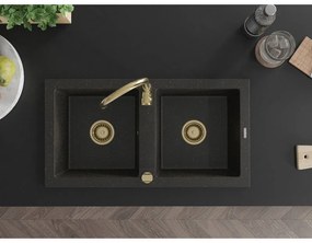 Mexen Mario, granitový drez 820x436x161 mm, 2-komorový, čierna-zlatá metalíza so zlatým sifónom, 6504822000-75-G