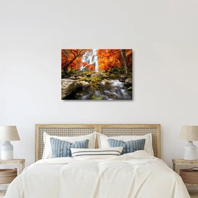 Sklenený obraz - Vodopády v jesennej krajine, oranžový (70x50 cm)