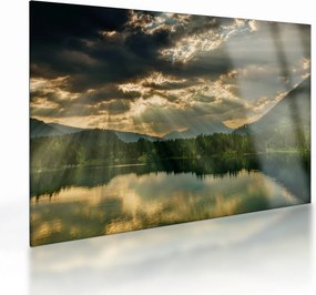 Sklenený obraz jazera s presvitajúcim slnkom (70x50 cm)