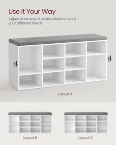 Lavička na topánky, odkladacia lavica s čalúneným sedadlom a 12 priehradkami, biela a sivá