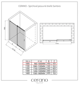 Cerano Santoro, sprchové posuvné dvere 100x195 cm, 6mm šedé sklo, čierny profil, CER-CER-424945