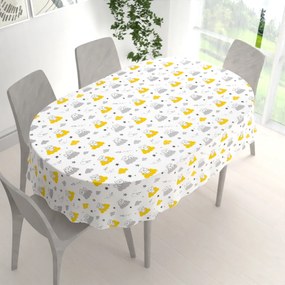 Biante Detský bavlnený oválny obrus Sandra SA-725 Medvedíky na žlto-sivých mráčikoch na bielom 140x160 cm