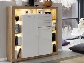 Vysoká komoda Rock, 121 cm, dub Wotan / biely lesk%