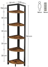 Rohový regál, industriálny, 5 políc, 150x30x30cm