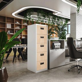 Kovová kartotéka, 5 zásuviek SARA V5, 460 x 1630 x 620 mm, Eco Design: biela/ dub sonoma