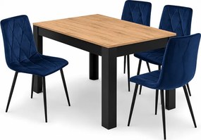 Jedálenský set: NP 120×80 cm dub craft/čierna + 4 ks stoličiek DORA tmavomodrá/čierne nohy