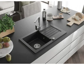 Mexen Pablo, granitový drez 752x436x161 mm, 1-komorový a chrómová batéria Rita, čierna, 6510-77-670300-00