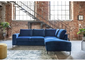 Tmavomodrá zamatová rozkladacia rohová pohovka (pravý roh) Lofty Lilly – Miuform