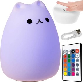 ISO Trade Nočné LED svetlo Mačiatko – 16 farieb, 9 jasov, silikónové, USB dobíjateľné, diaľkové
