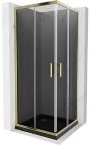Mexen Rio, štvorcový sprchovací kút s posuvnými dverami 70(dvere) x 70(dvere) x 190 cm, 6mm šedé sklo, zlatý profil + čierna sprchová vanička SLIM, 860-070-070-50-40-4070G