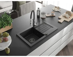 Mexen Pablo, 1-komorový granitový drez 752x436x161 mm a drezová batéria Aster, čierna, 6510-77-73450-07-B