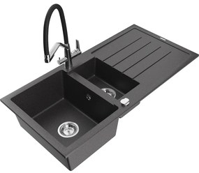 Mexen Andres, granitový drez 1000x500x200 mm, 1,5-komorový a drezová batéria Duo, čierna škvrnitá, 6515-76-671701-07
