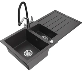 Mexen Andres, granitový drez 1000x500x200 mm, 1,5-komorový a drezová batéria Duo, čierna škvrnitá, 6515-76-671701-07