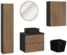 Koupelnová sestava s deskou, skříňkami umyvadlem, zrcadlem a toaletou Talia Casella 60 cm černý mat/dub casella