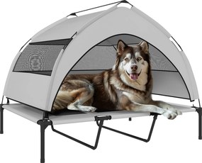 PawHut 23 cm vyvýšený pelech pre psa s odnímateľným 3-stranným krytom, veľký priedušný oceľový pelech s taškou, 122x92x94 cm, svetlo šedý a čierny | A