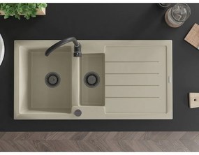 Mexen Andres, granitový drez 1000x500x200 mm, 1,5-komorový, béžová s čiernym sifónom a čierna drezová batéria Telma, 6515-69-670200-70