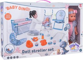 Bábika s kočíkom postieľkou a príslušenstvom - 14 dielov