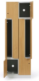 Kovová šatníková skrinka S1 Z, 4 oddiely, 1850 x 600 x 500 mm, mechanický kódový zámok, laminované dvere, orech