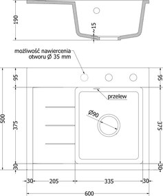 Mexen Ben granitový drez 1-komorový s odkvapkávačom, pravý 600 x 500 mm, biely, sifón zlatý - 6523605000-20-G