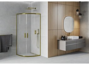 Mexen Rio, štvrťkruhový sprchovací kút s posuvnými dverami 70(dvere) x 70(dvere) x 190 cm, 6mm sklo námraza, zlatý lesklý profil, 863-070-070-50-30