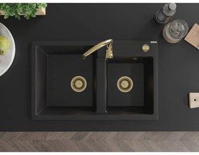 Mexen Tomas, granitový drez 800x500x190 mm, 2-komorový, čierna so zlatým sifónom, 6516802000-77-G