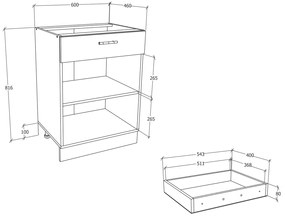 VCM Dolná kuchynská skrinka Esilo, 60 cm, 2 dvierka a 1 zásuvka, antracit