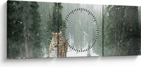 Obraz leoparda v snehu (s hodinami) (90x30 cm)