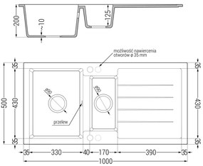 Mexen Andres, granitový drez 1000x500x200 mm, 1,5-komorový a drezová batéria Carla, béžová, 6515-69-670700-69