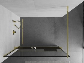 Mexen Kioto+, sprchová zástena s poličkou a držiakom na uteráky 100 x 200 cm, 8mm číre sklo vzor čierny rám, zlatý profil, 800-100-121-50-70