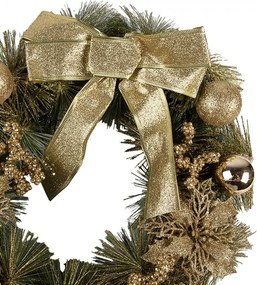 Zeleno-zlatý vianočný veniec s mašľou a guľami Christmas Wreath - Ø 40*10 cm