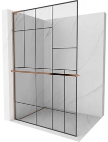 Mexen Kioto+ L, sprchová zástena Walk-In s poličkou a vešiakom 110 x 200 cm, 8mm číre sklo čierny vzor, ružové zlato profil, 800-110-123-60-78