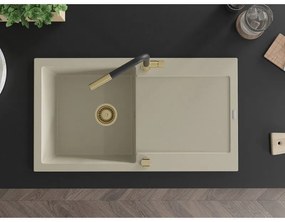 Mexen Leo, 1-komorový granitový drez 900x500x190 mm a drezová batéria Flora, béžová, 6501-69-670401-57-G