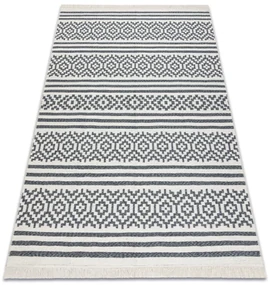 Obojstranný šnúrkový ekologický koberec TWIN 22996 Geometrický vzor, so strapcami, antracit - krémový