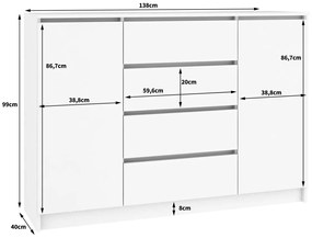 Komoda Kryštof 140 cm 2 skrinky a 4 zásuvky wenge/biela