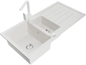 Mexen Andres, granitový drez 1000x500x200 mm, 1,5-komorový, biela s chrómovým sifónom a biela drezová batéria Rita, 6515-20-670300-20